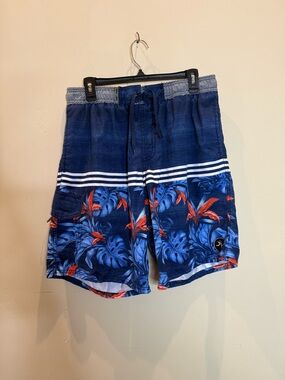 Ron Jon Men's Navy Blue Swim Board Shorts with Orange Tropical Print *Flawed*